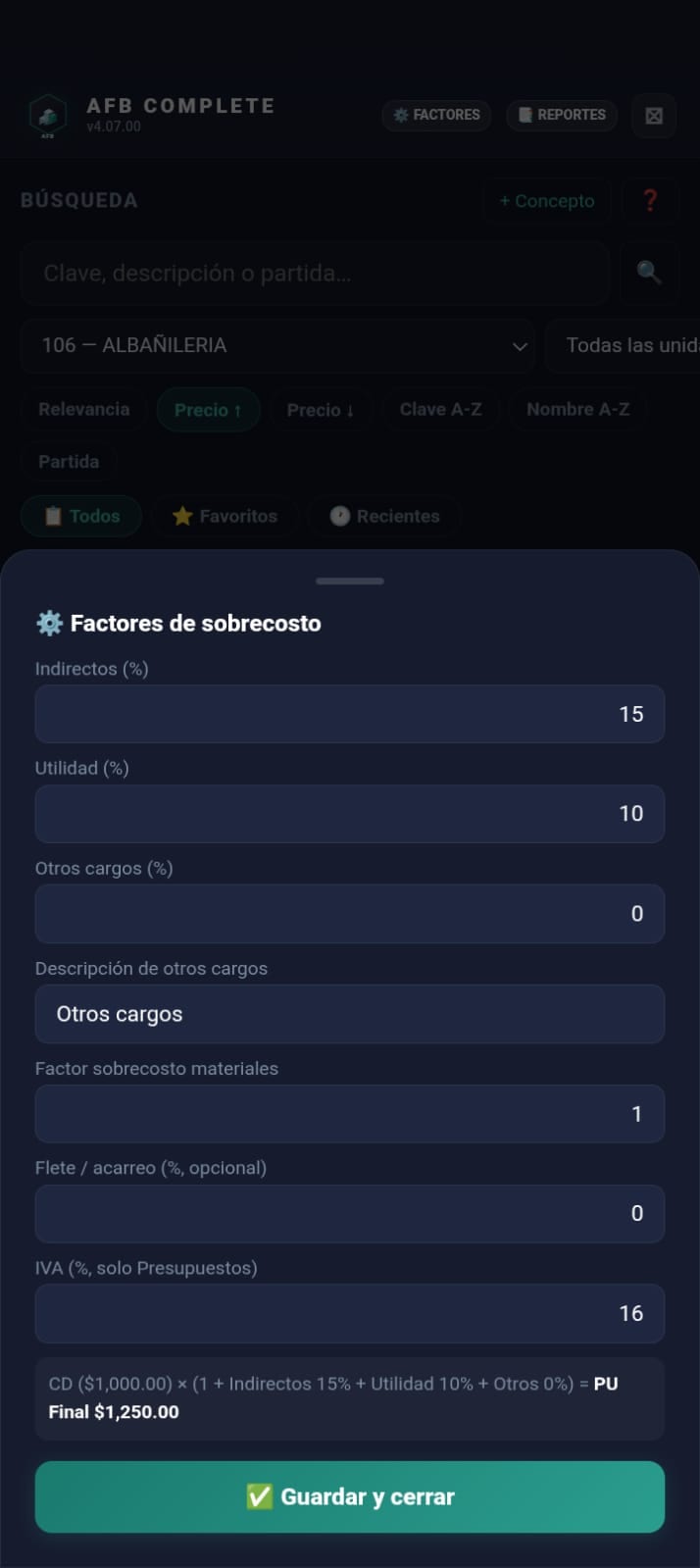 Insumos con precios en AFB Complete