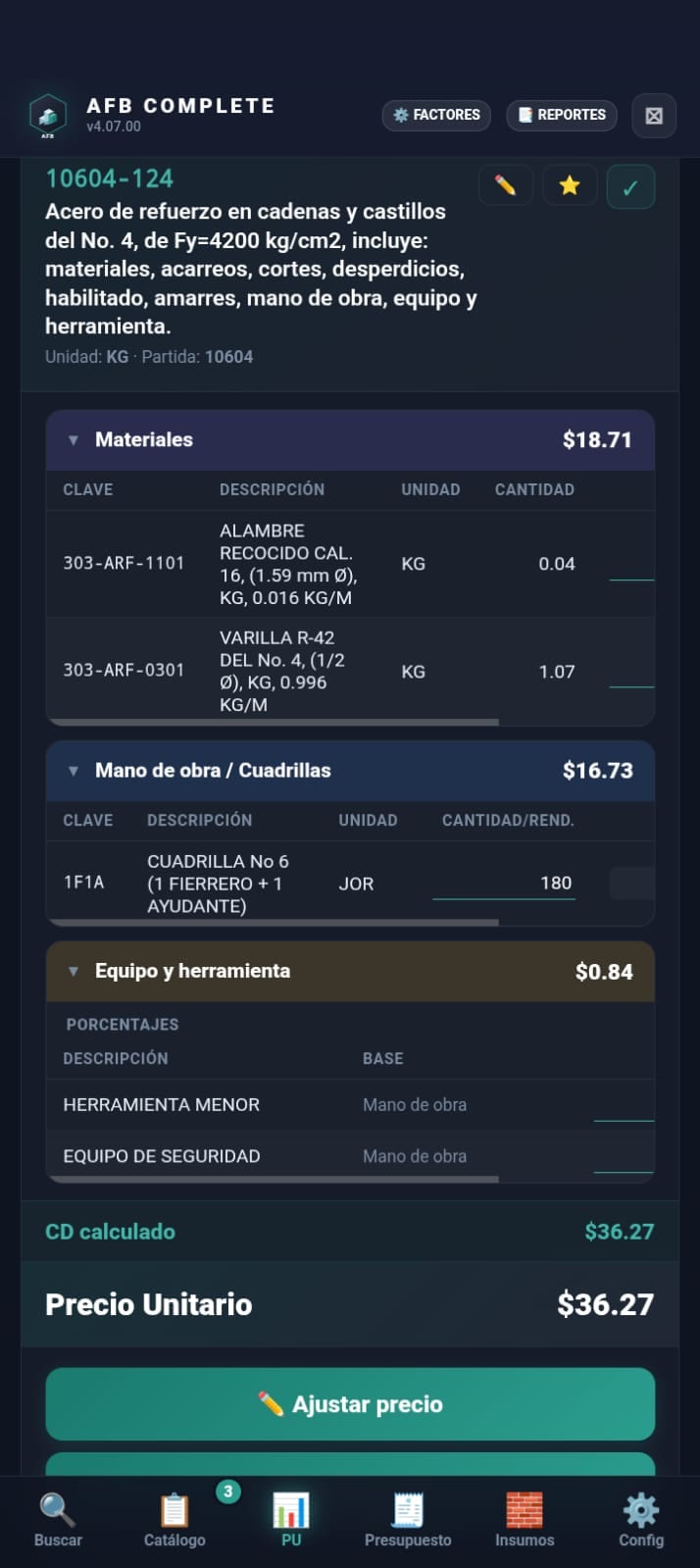 Precio unitario en AFB Complete