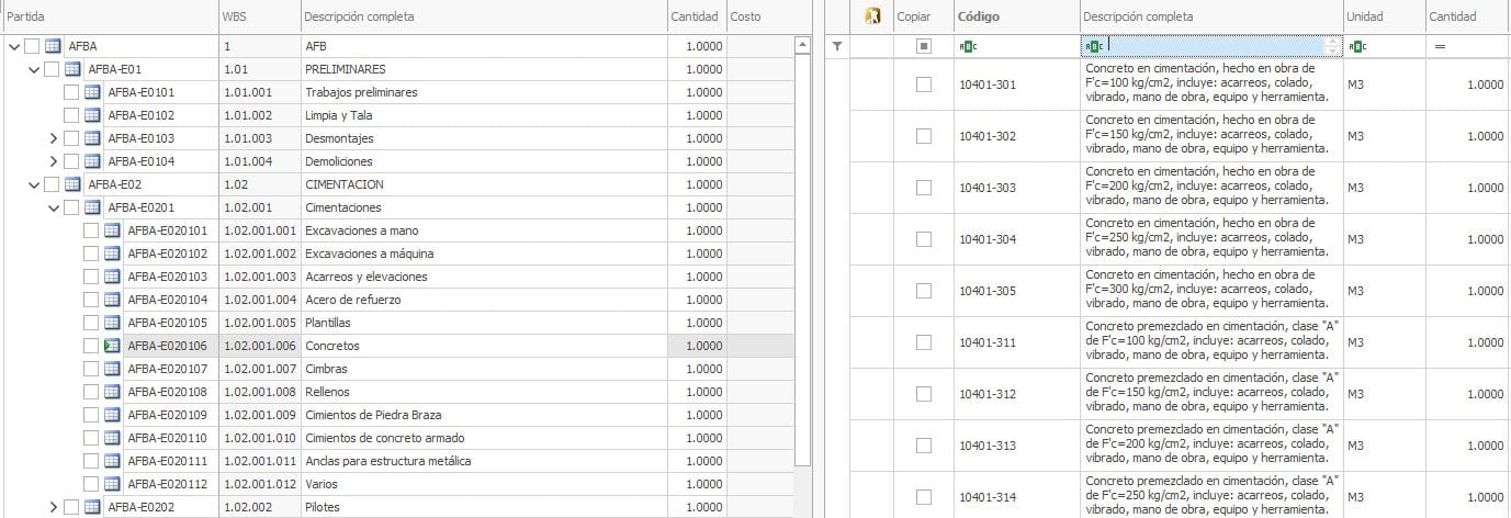 Catálogo de conceptos en software de costos